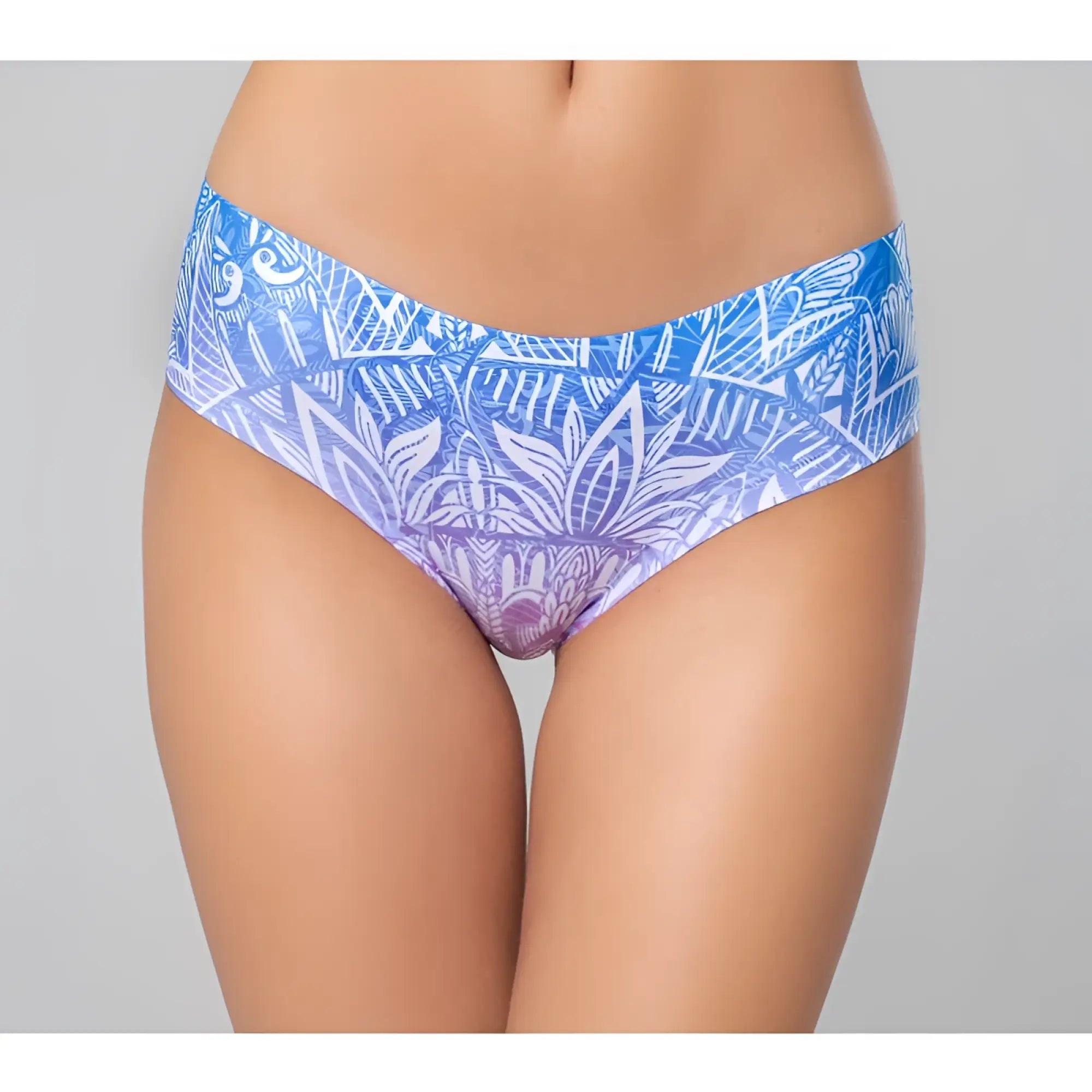 Mememe lingerie mandala origin thong s in a blue and purple gradient patterned bikini bottom with white leafy design back side