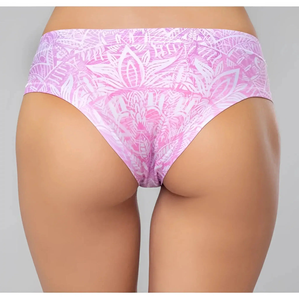 Pink and white patterned bikini bottom with tropical leaf design from mememe lingerie mandala origin thong xl collection