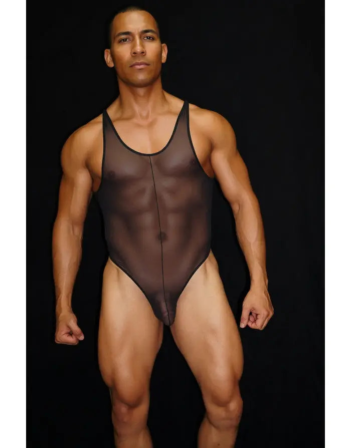 Black tulle mesh bodysuit thong by Arroyman featuring a sheer design and form-fitting cut worn by a male model.