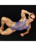 Men's blue sheer bodysuit thong with white trim modeled by a man wearing sunglasses by Arroyman.