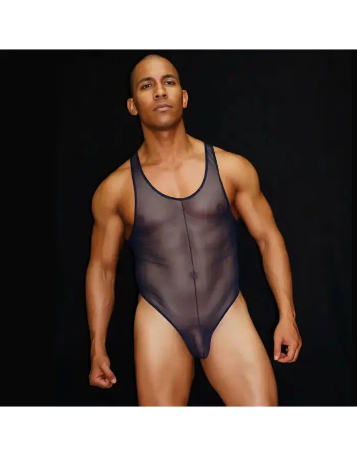 Navy tulle mesh thong bodysuit by Arroyman featuring a sleeveless design and sheer fabric worn by a model.