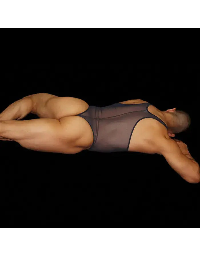 Navy tulle mesh thong bodysuit by Arroyman featuring a fitted design and sleeveless cut shown on a model from the side.