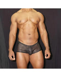 Black nylon stretch boxer underwear by Arroyman featuring a snug fit and sheer material modeled on a male figure.