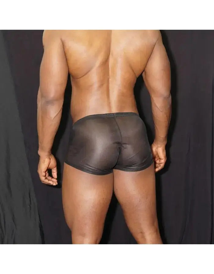 Black nylon stretch boxer underwear by Arroyman featuring a snug fit and sheer panels shown on a model from the back.