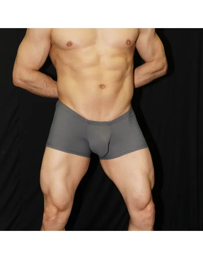Steel grey men's boxer underwear by Arroyman featuring a snug fit and smooth fabric shown on a model.