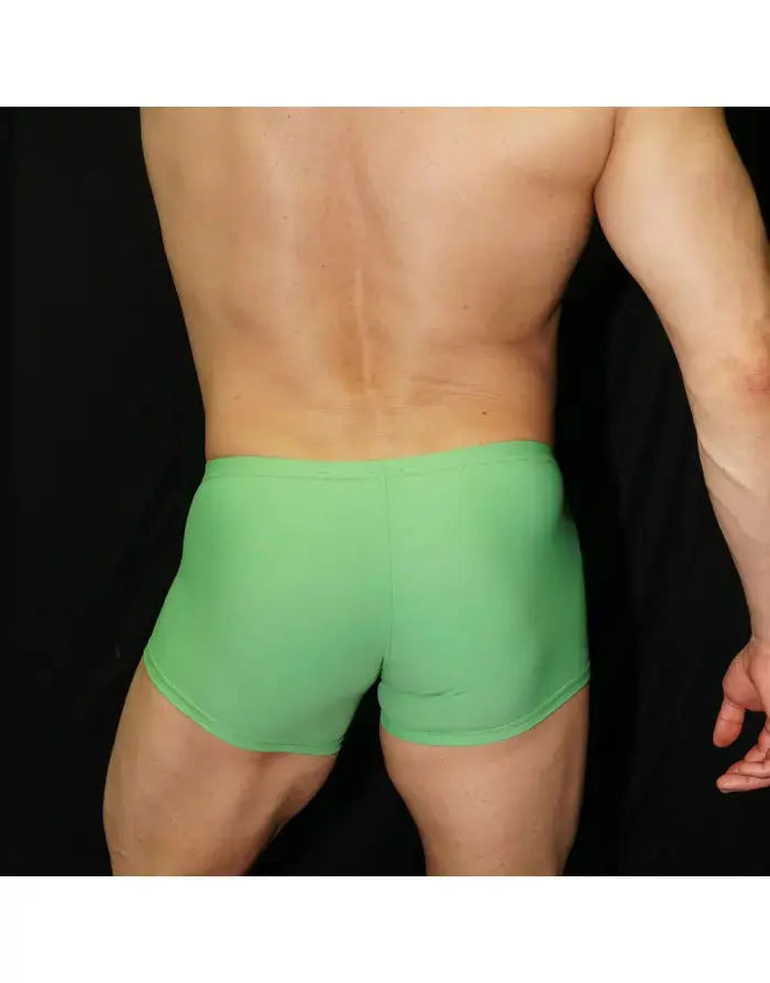 Men's boxer underwear in pistachio green made of soft material shown from the back on a model.