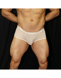 Cream silky boxer underwear by Arroyman featuring a smooth finish and snug fit shown on a model against a dark background.