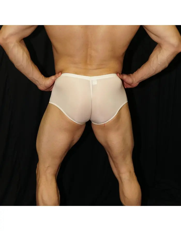Men's cream silky boxer underwear by Arroyman featuring a smooth finish and snug fit shown from the back.