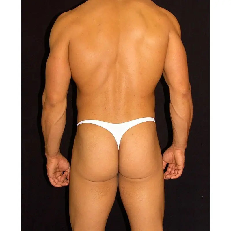 White thong underwear by Arroyman featuring a minimal design and a snug fit shown on a model from the back.
