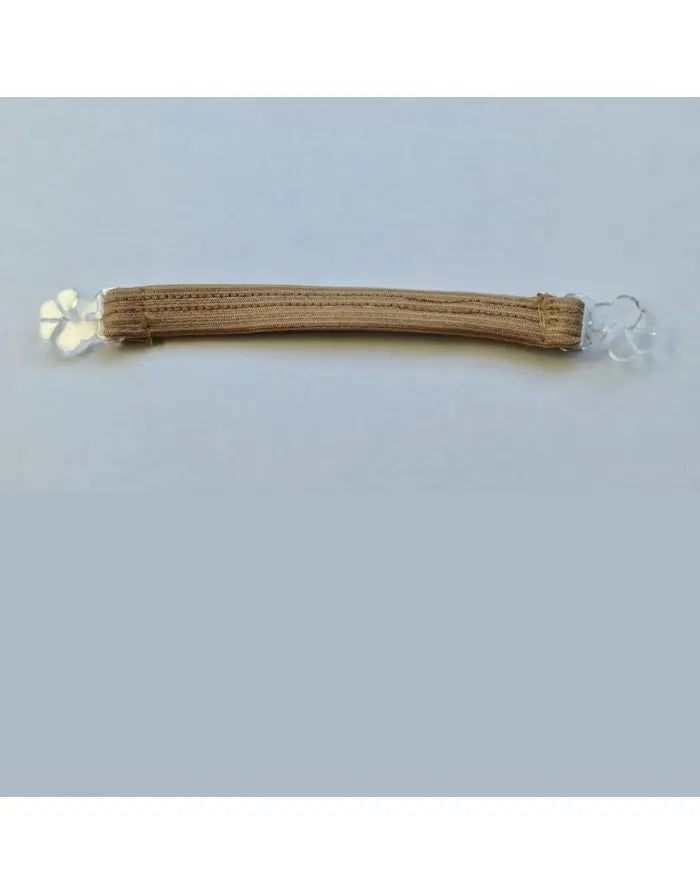 Transparent snap cock strap in beige Lycra with clear flower-shaped ends designed for comfort by Arroyman.