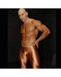 Men's copper-colored runner tights by Arroyman featuring a snug fit and shiny material worn by a model.