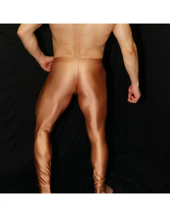 Men's copper-colored tights by Arroyman featuring a sleek shiny finish and form-fitting design shown from the back.