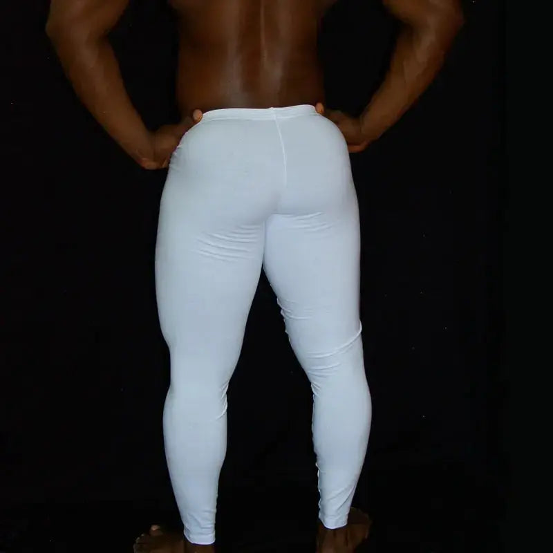 Men's white spandex fitness tights by Arroyman featuring a snug fit and smooth texture shown from the back.