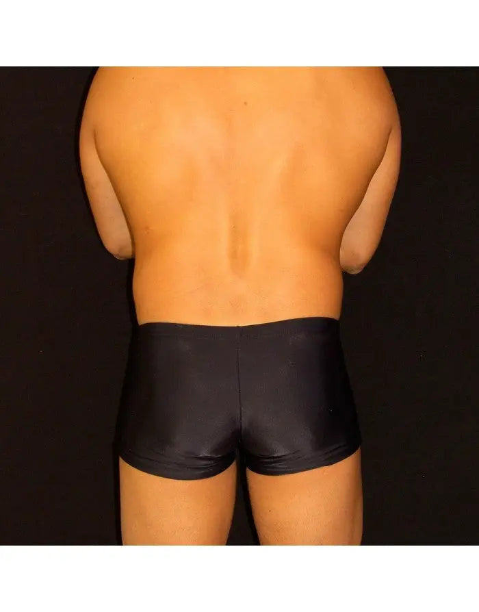 Men's black square cut swimwear by Arroyman featuring a sleek design and smooth material shown from the back.