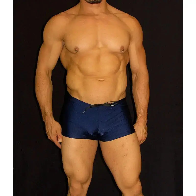Navy square cut boxer swimwear by Arroyman featuring a drawstring waistband and a sleek fitted design.