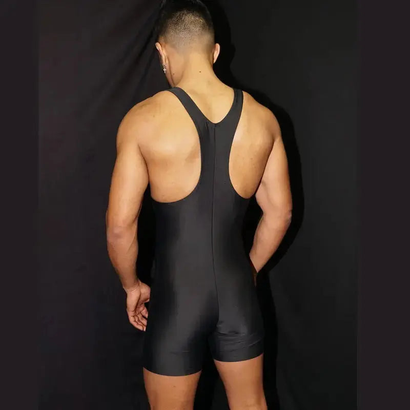 Men's black wrestling singlet bodysuit by Arroyman featuring a racerback design and form-fitting material.