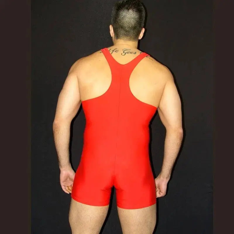 Red wrestling singlet bodysuit by Arroyman featuring a racerback design and form-fitting cut shown from the back.