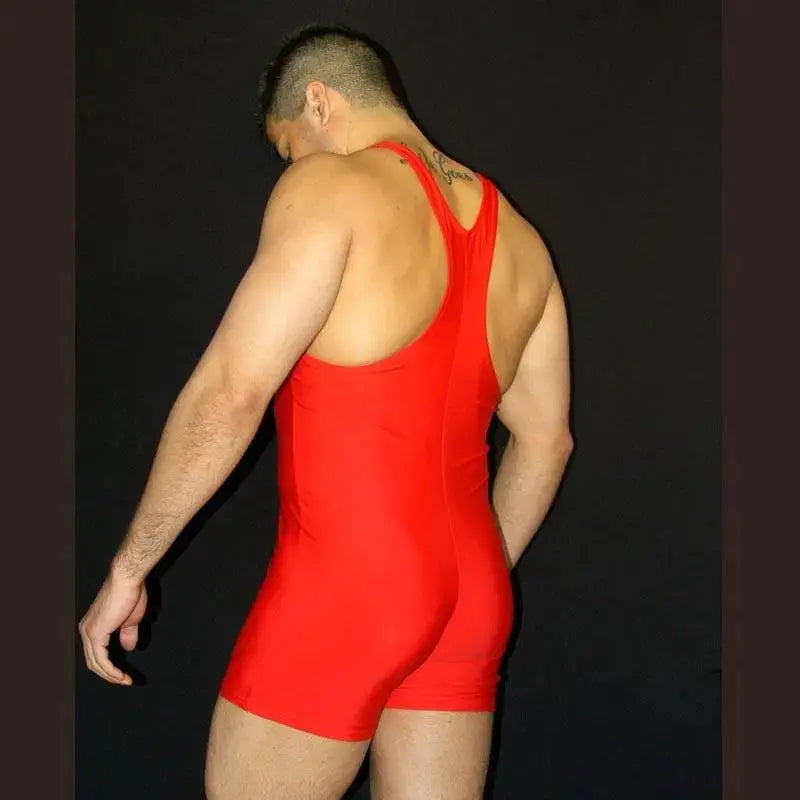 Red wrestling singlet bodysuit by Arroyman featuring a racerback design and form-fitting material shown from the back.