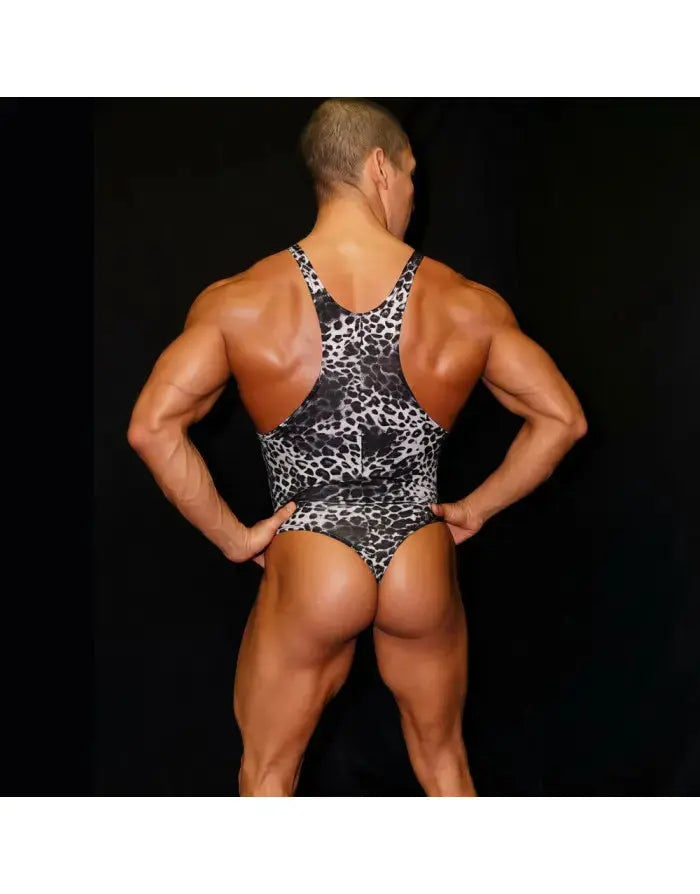 Men's leopard print bodysuit thong in black and gray featuring a racerback design shown from the back by Arroyman.