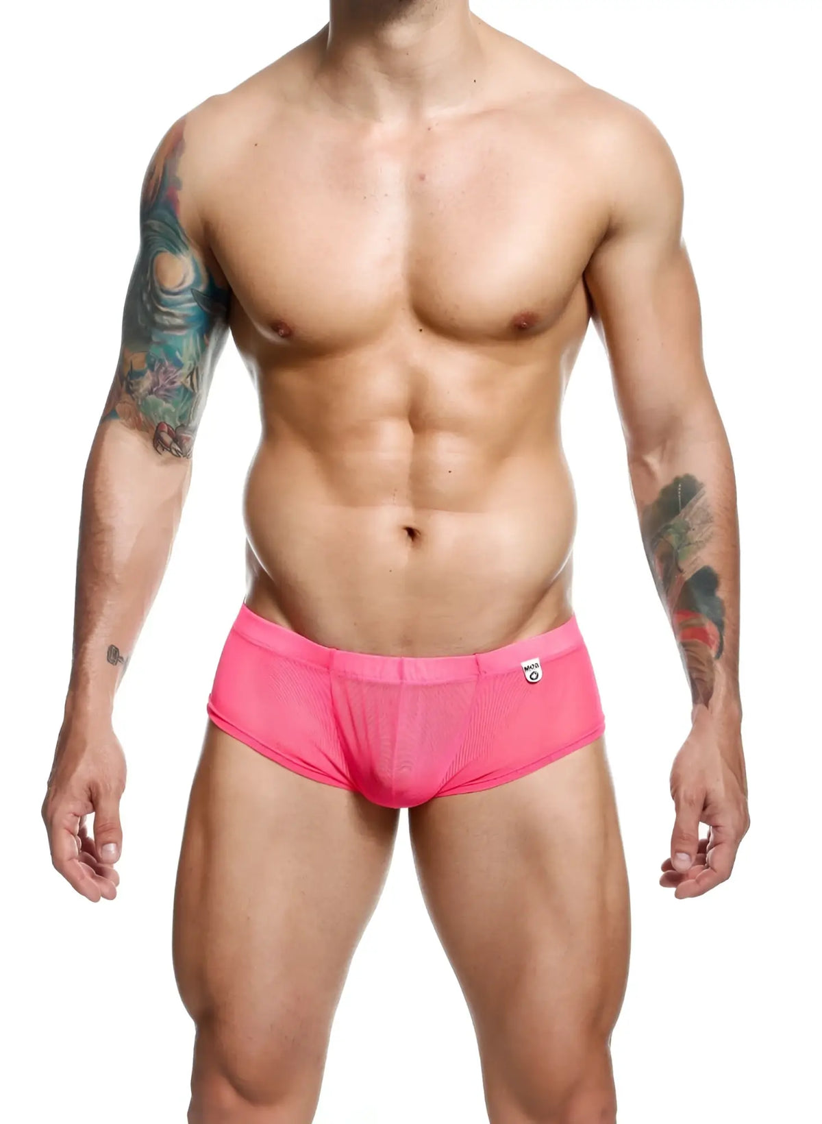 Menâ€™s sheer hip brief in bright pink mesh with snug fit and small logo on the waistband front side