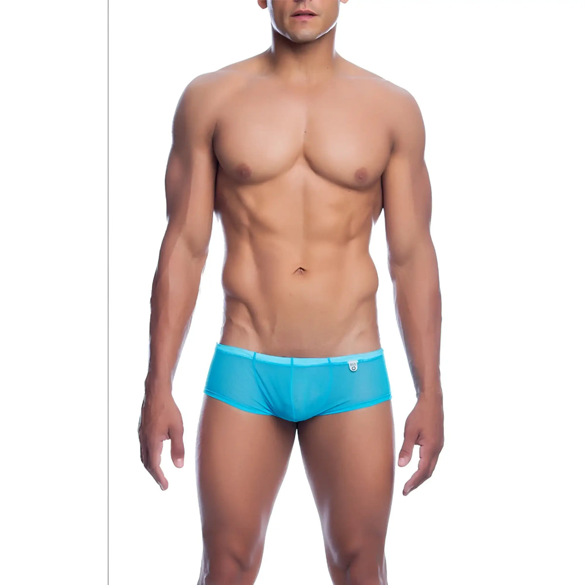 Menâ€™s sheer hip brief in bright turquoise mesh with a subtle logo on the waistband