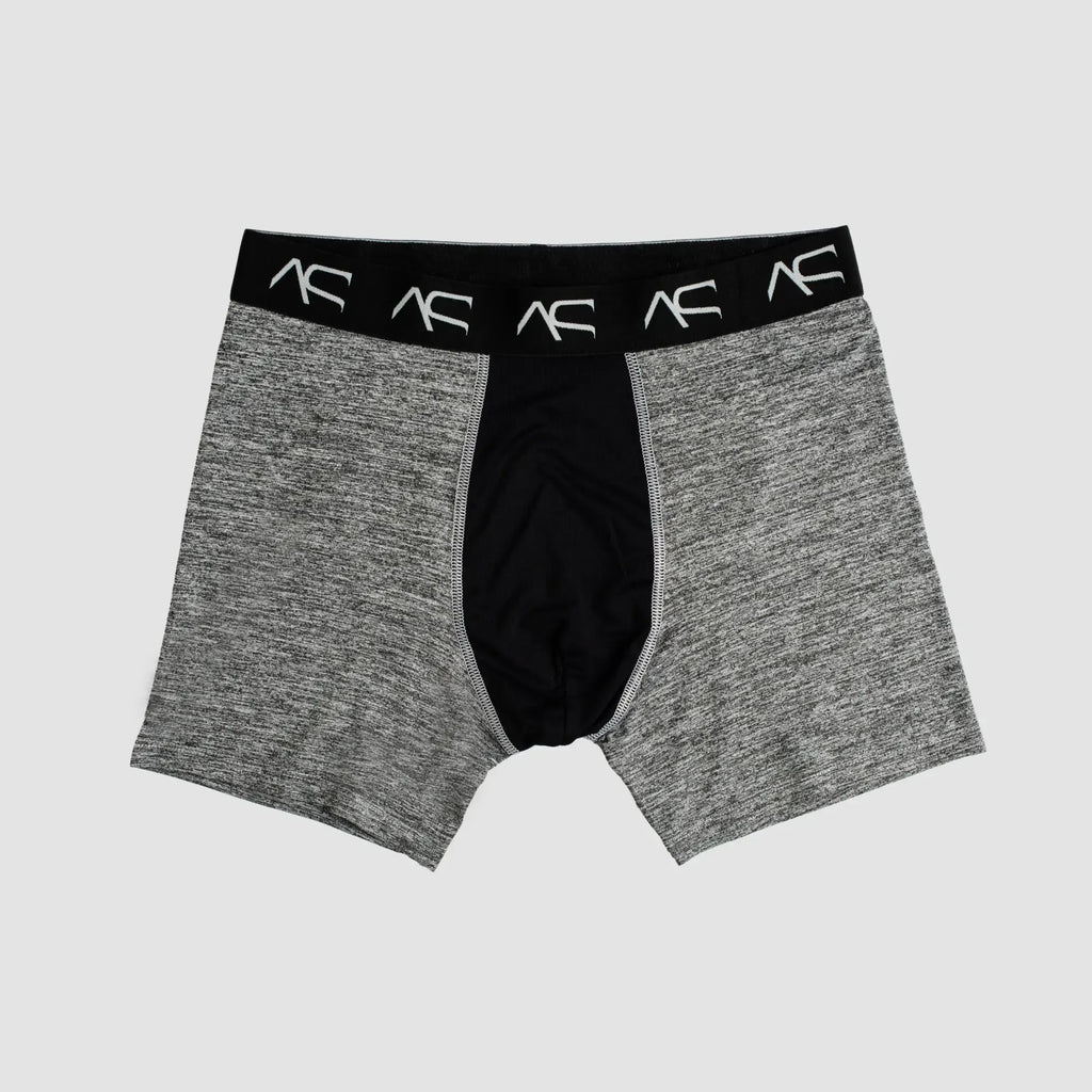 Gray and black heathered mesh combo trunks boxer briefs with breathable fabric and branded waistband for comfortable wear