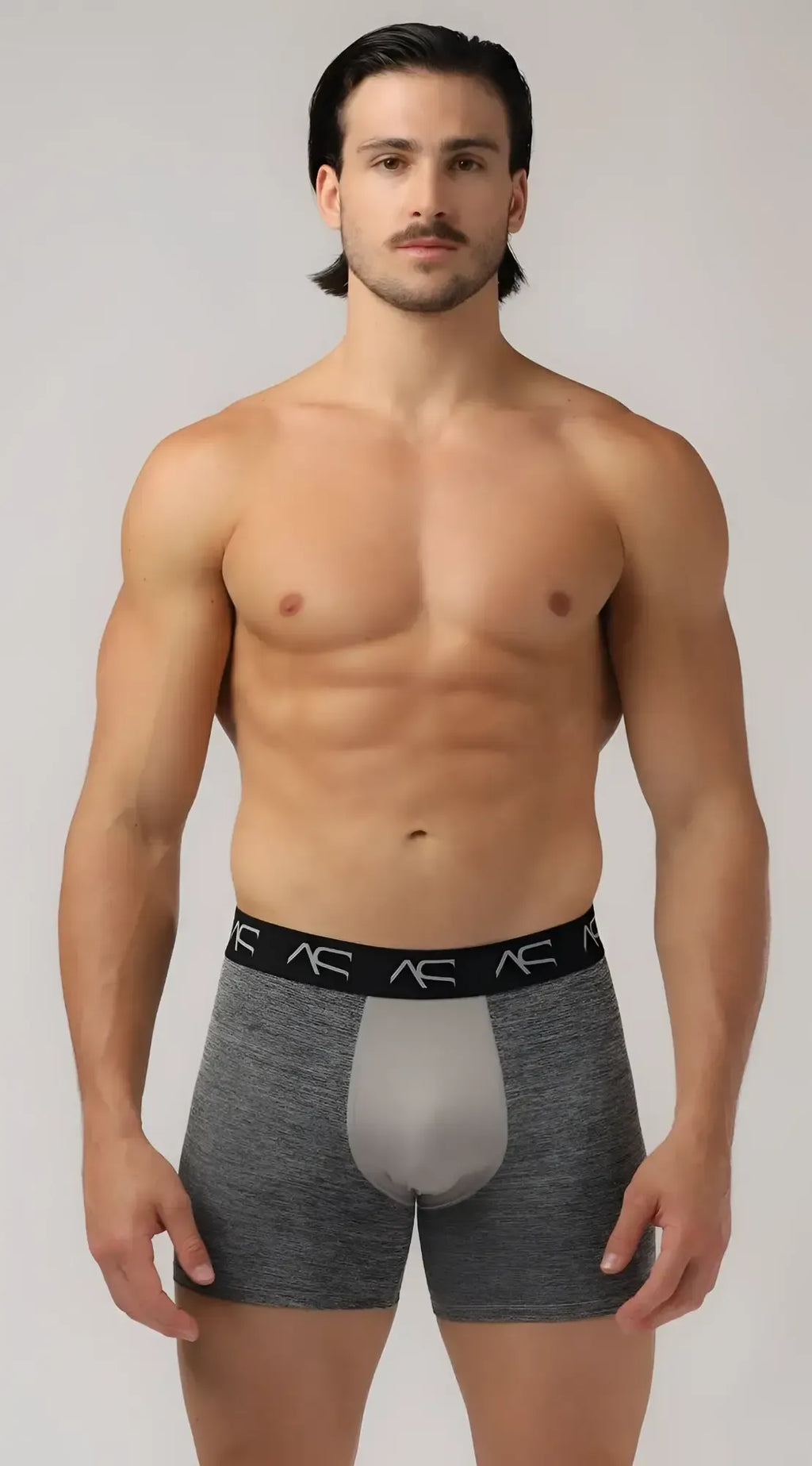 Gray heathered mesh combo trunks boxer briefs with light gray panel and black ac branded elastic waistband