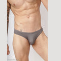 Grey mesh bikini underwear by Arroyman featuring a snug fit and breathable fabric shown on a model.