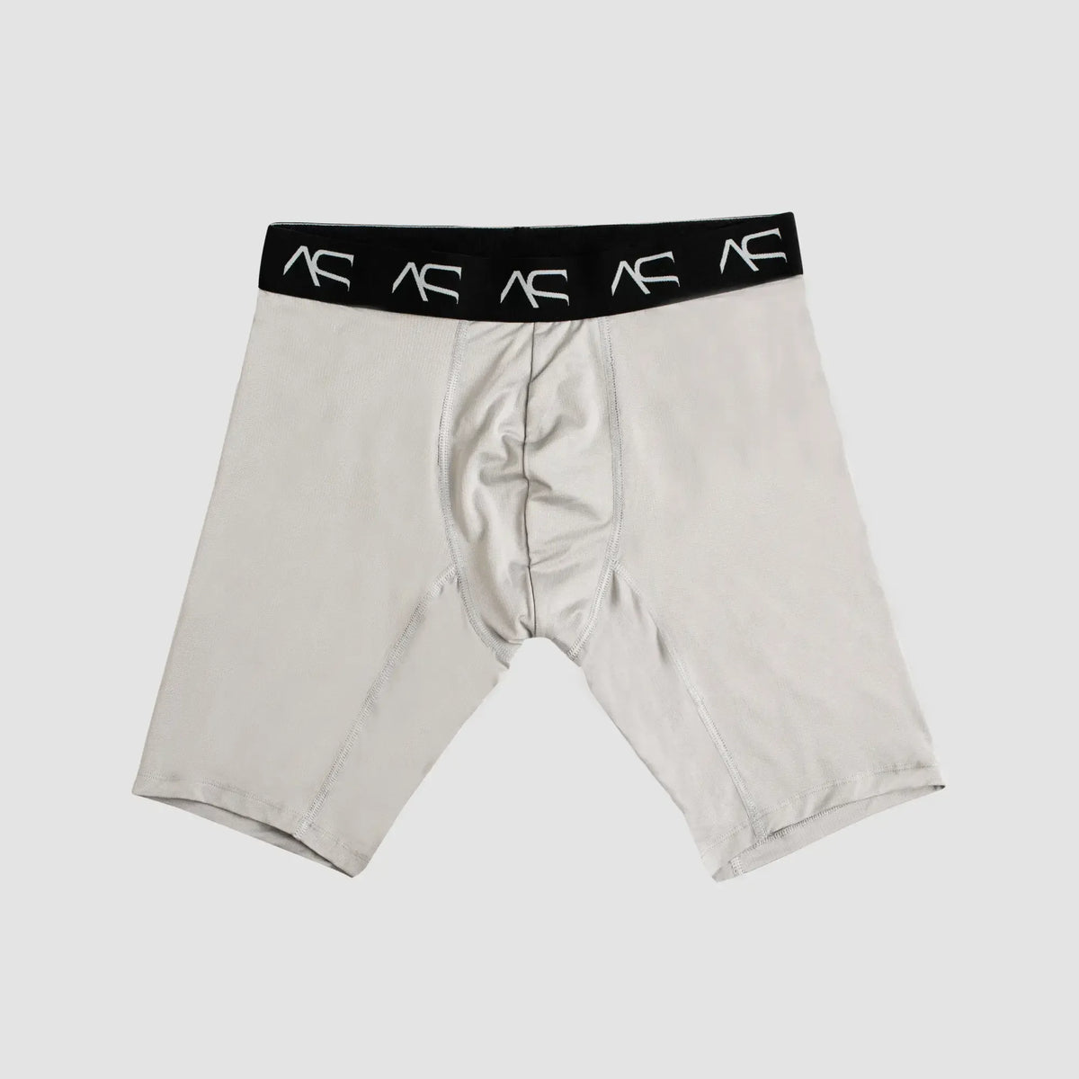 Light gray mesh short trunks with black waistband featuring white ac logos designed as athletic briefs