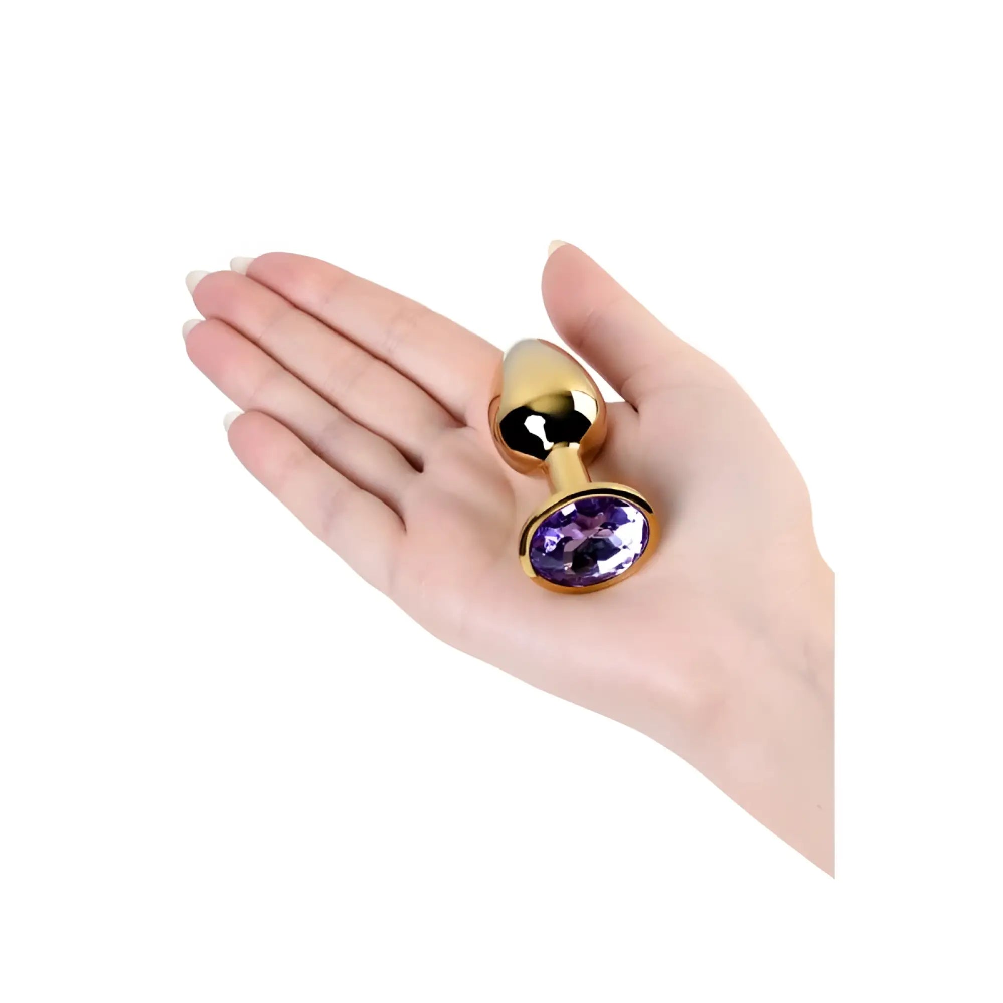 Gold-toned metal anal plug with a faceted purple amethyst crystal set in its base small size