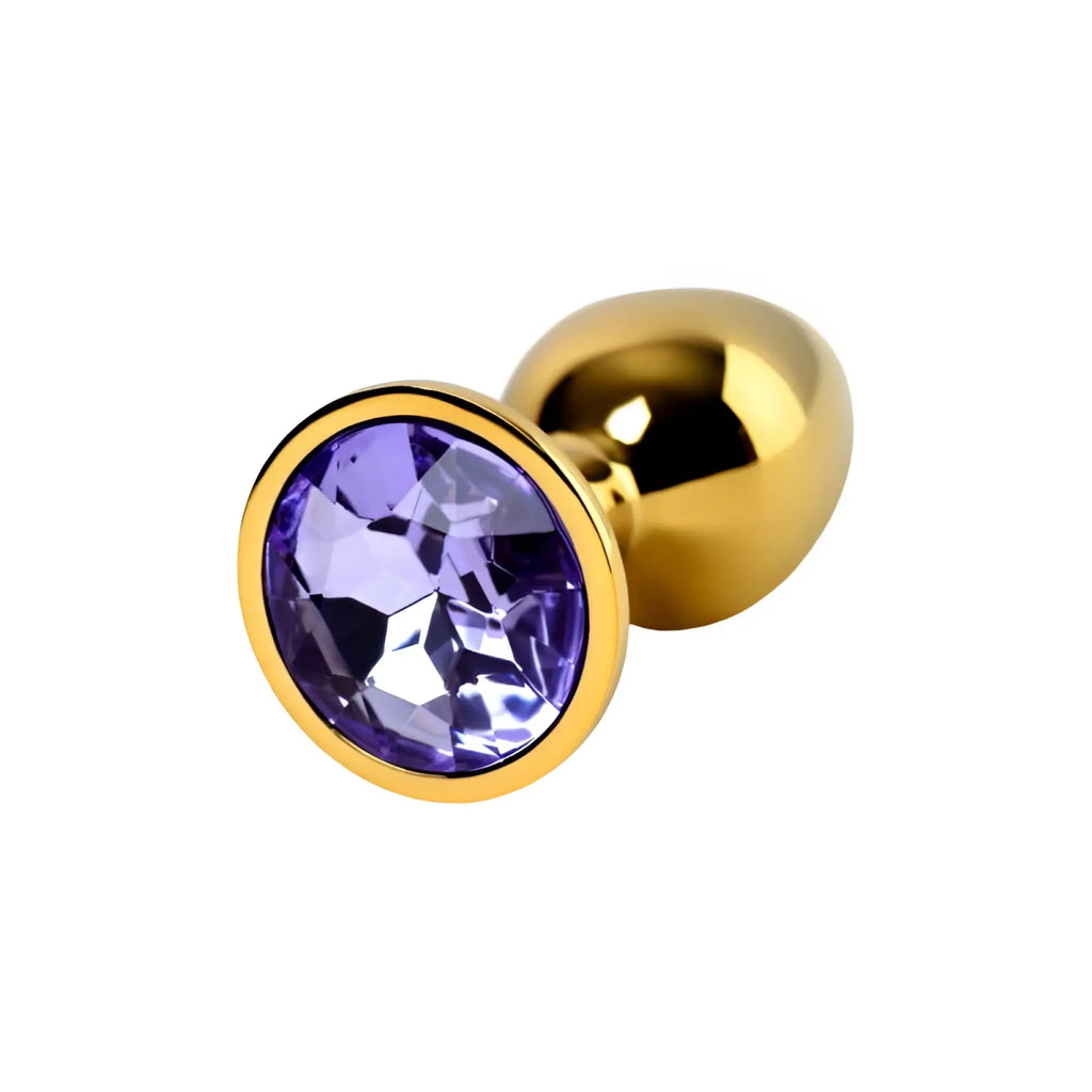 Gold-toned metal anal plug with a faceted amethyst crystal set in its head small size design
