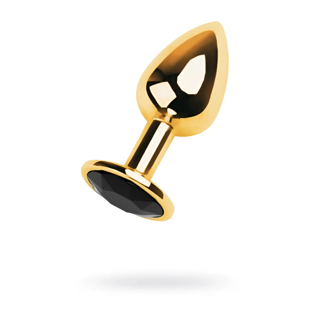 Gold metal anal plug with a faceted black tourmaline gemstone base small size for intimate use