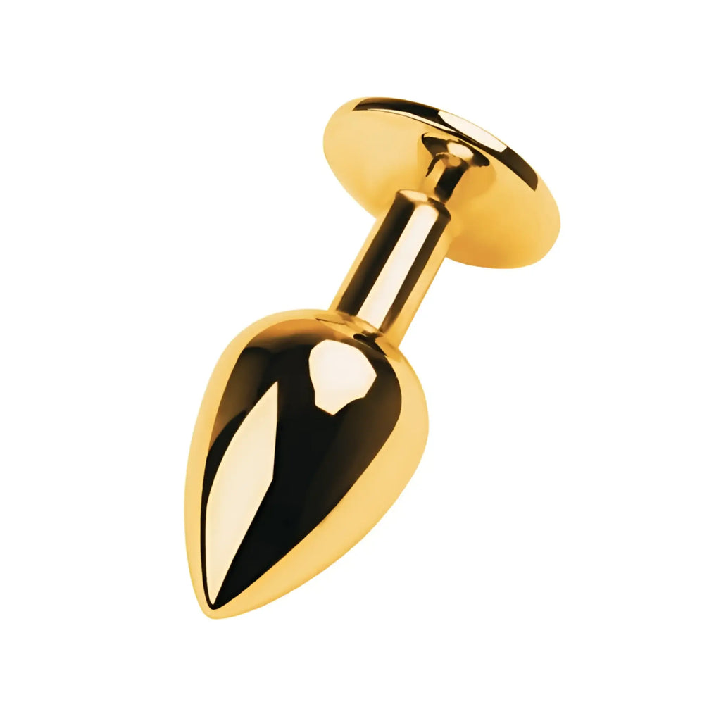 Gold metal anal plug with black tourmaline gem small sleek polished tapered design and rounded flange