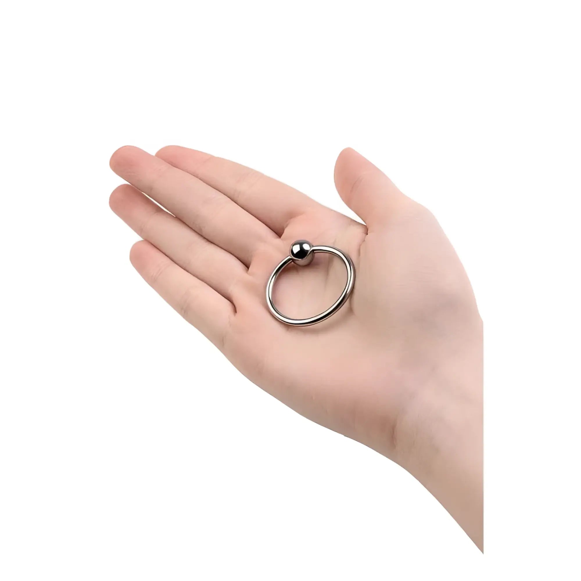 Silver-toned metal penis head ring with 30mm circular body and small polished spherical bead on top