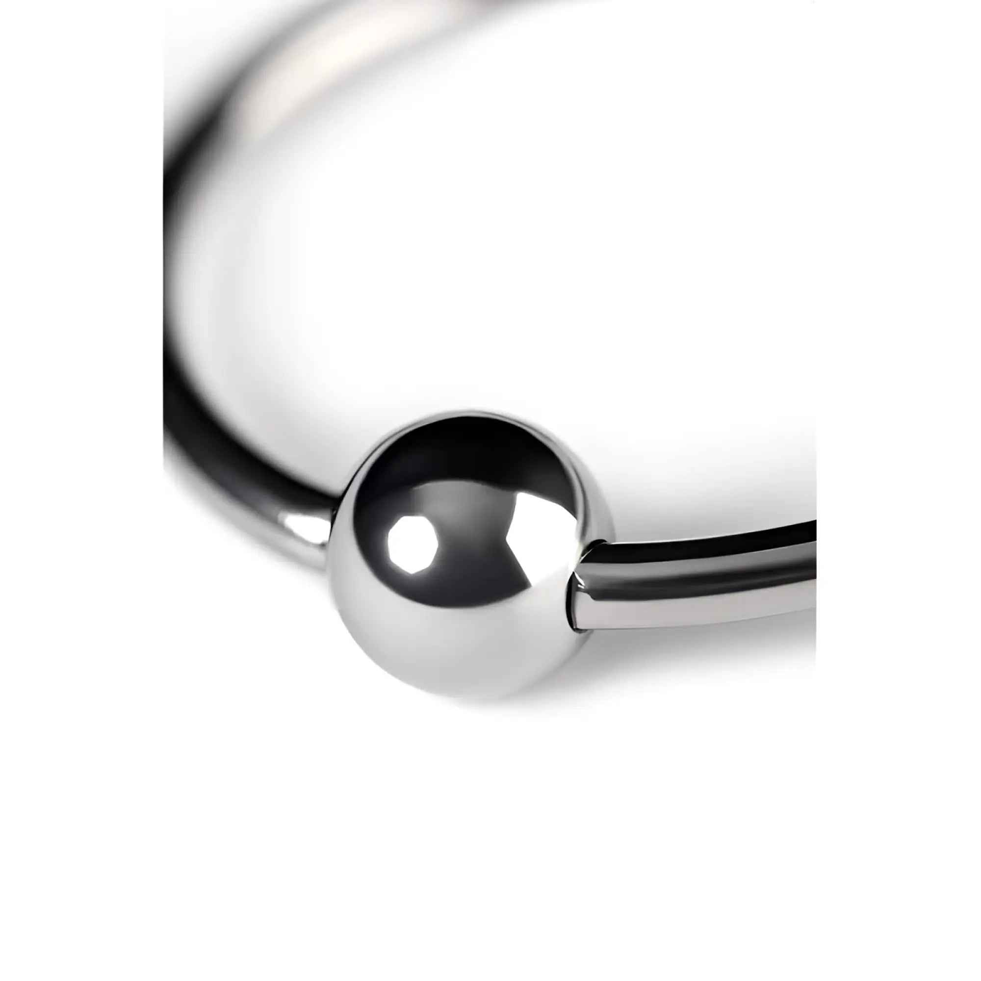 A sleek polished silver metal penis head ring 30mm featuring a smooth spherical bead at its center