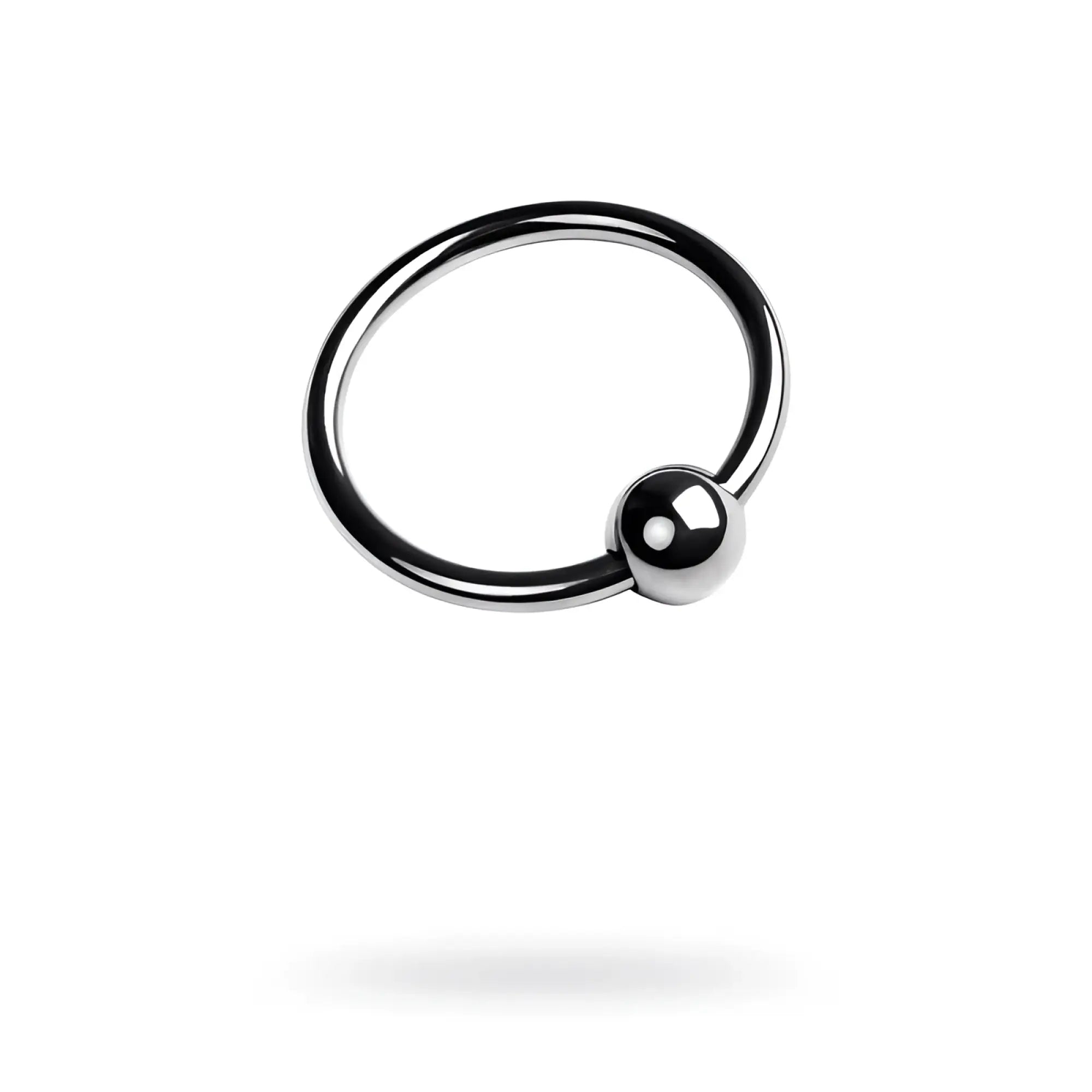 A sleek polished silver metal penis head ring 30mm with a smooth rounded ball nose ring end