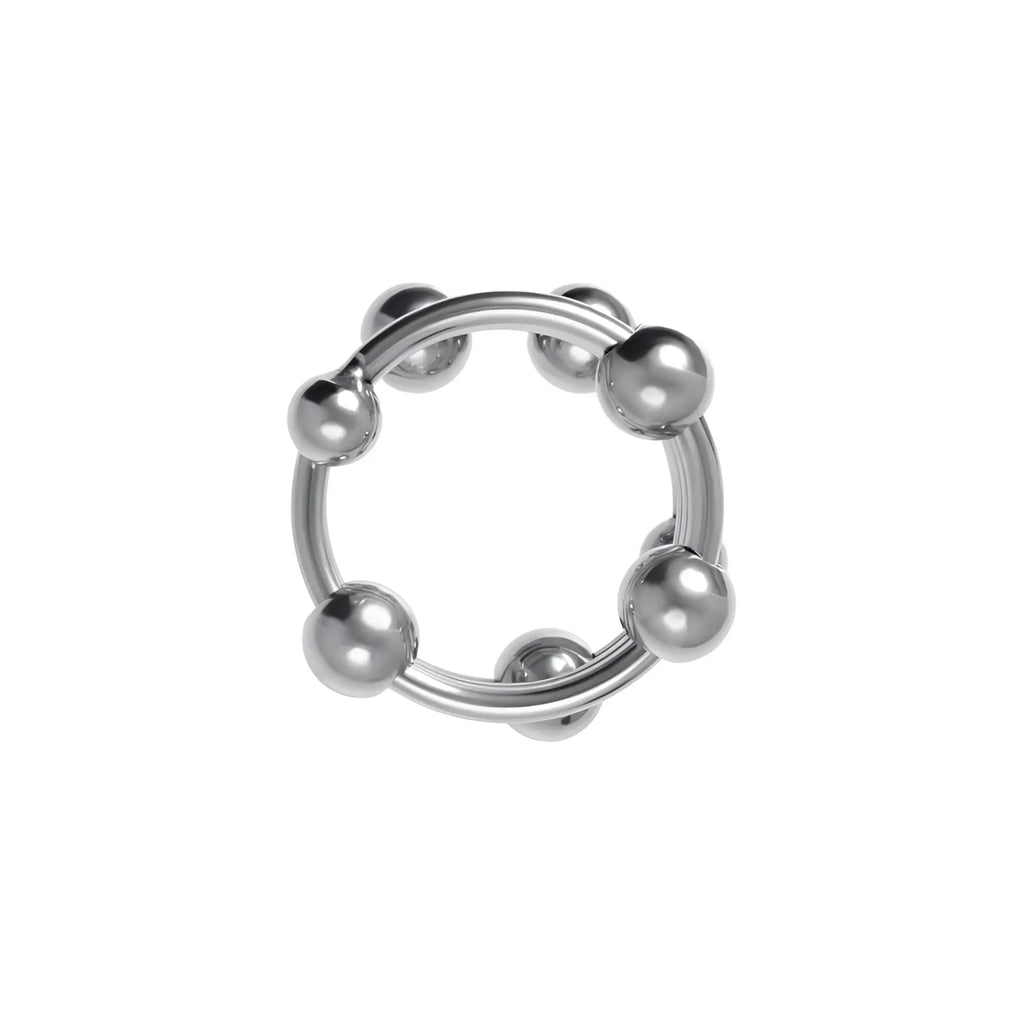 Silver metallic metal penis head ring medium 35mm with evenly spaced spherical beads on the front side