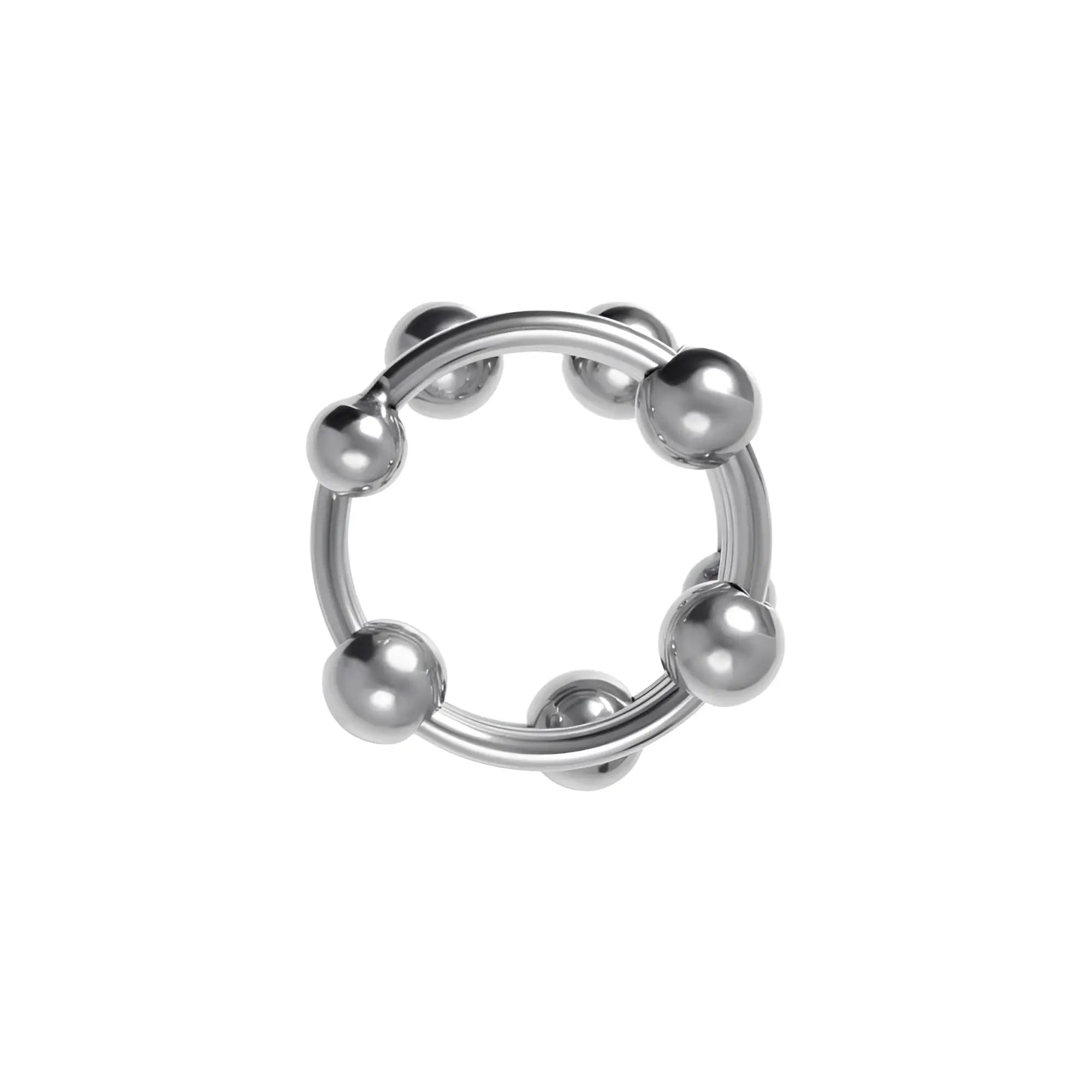 Silver metallic metal penis head ring medium 35mm with evenly spaced spherical beads on the front side