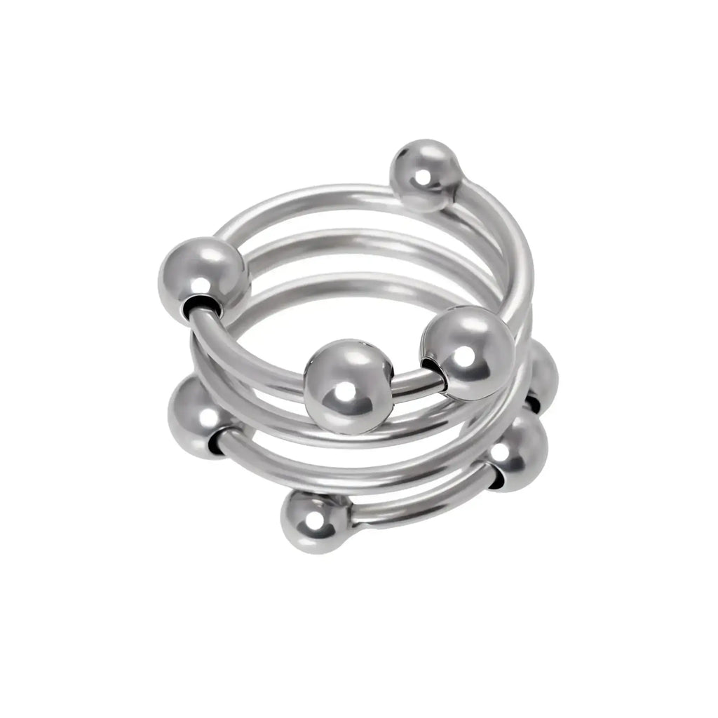 Metal penis head ring medium 35mm silver stainless steel with polished spherical beads on a sleek multi-layered coil design