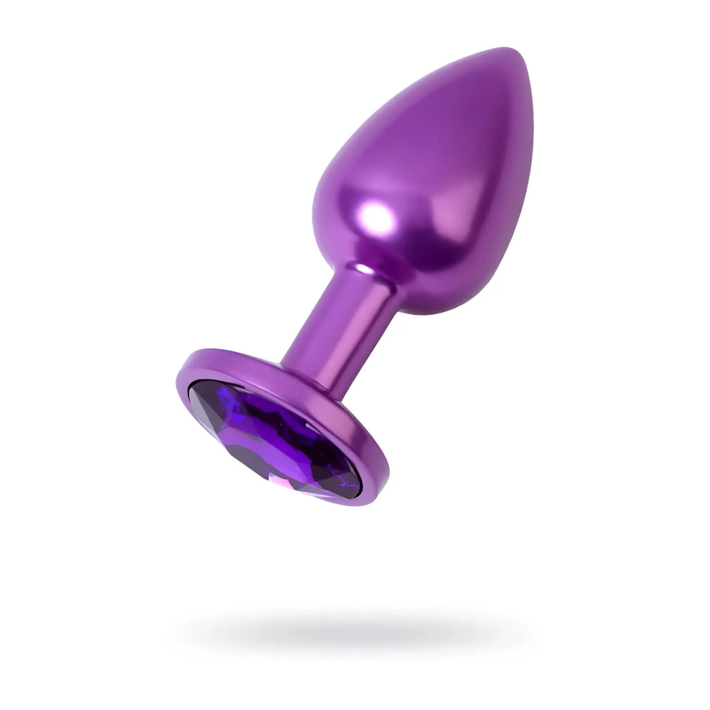 Metal purple anal plug with purple crystal gemstone base made of metallic material for small size use