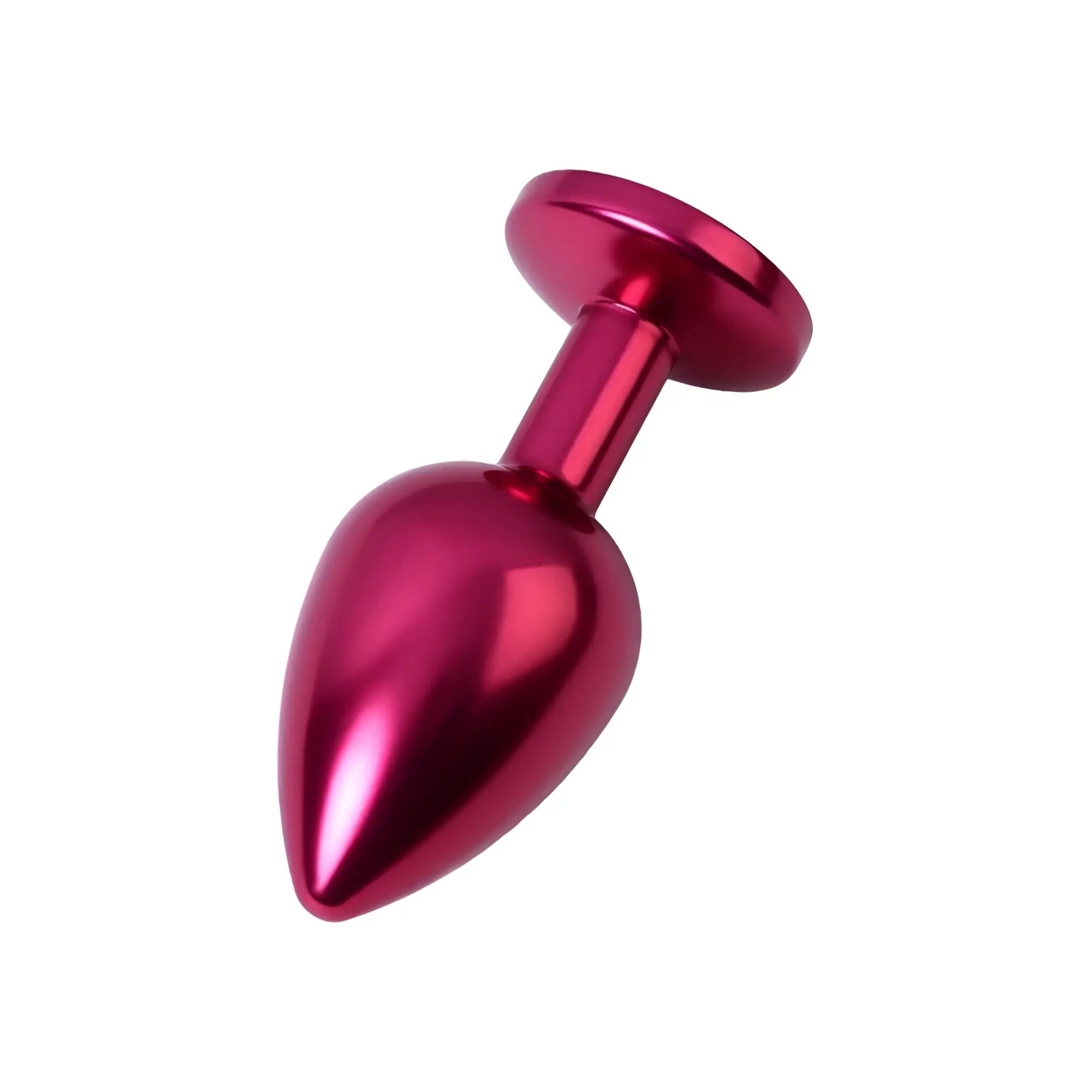 Metal red metal anal plug with shiny magenta metallic finish black crystal medium size tapered tip and rounded head