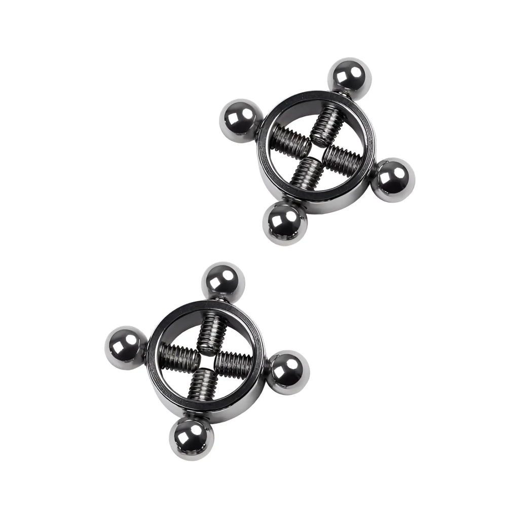 Silver metal nipple clamps with threaded screws and four spherical balls in a two piece set