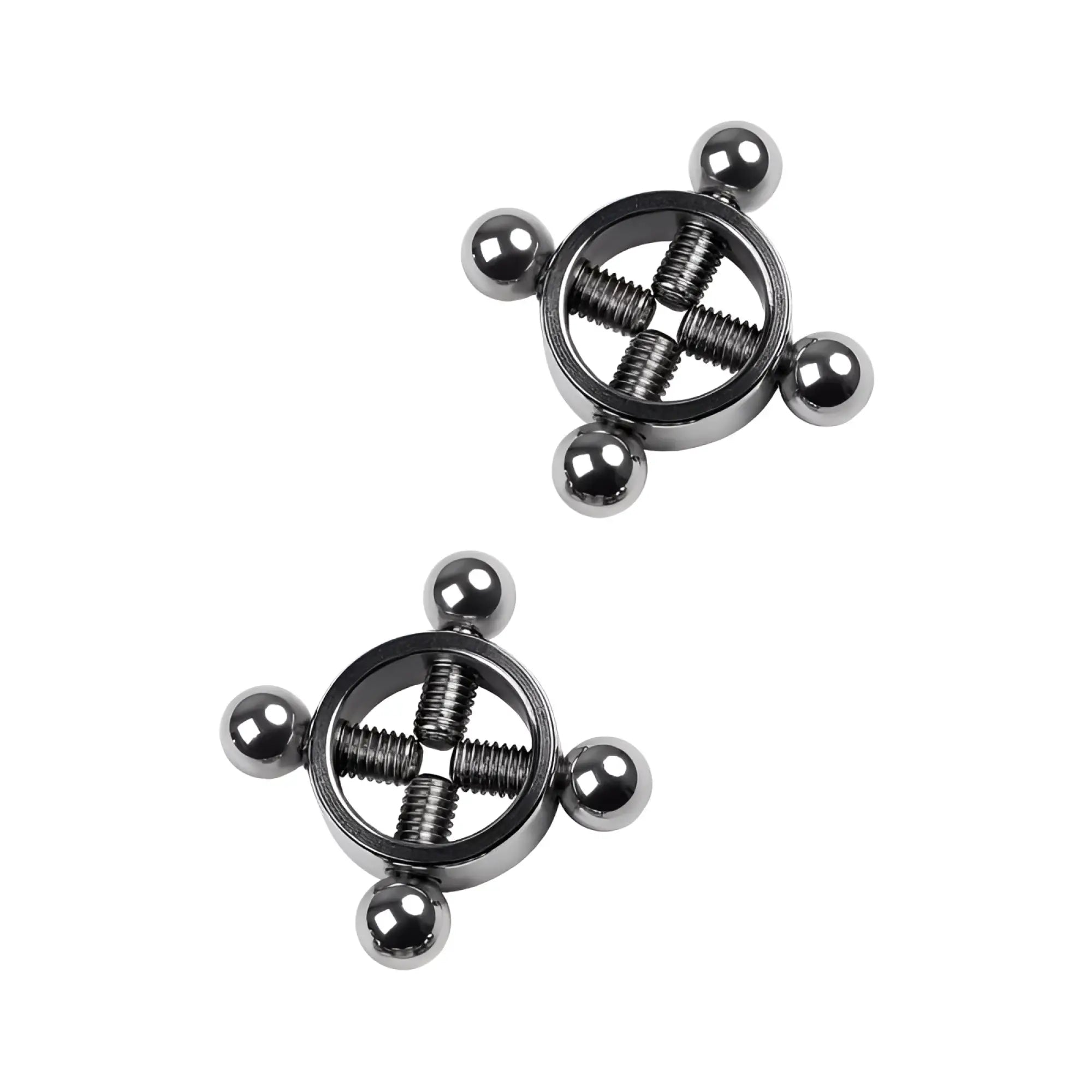 Silver metal nipple clamps with threaded screws and four spherical balls in a two piece set
