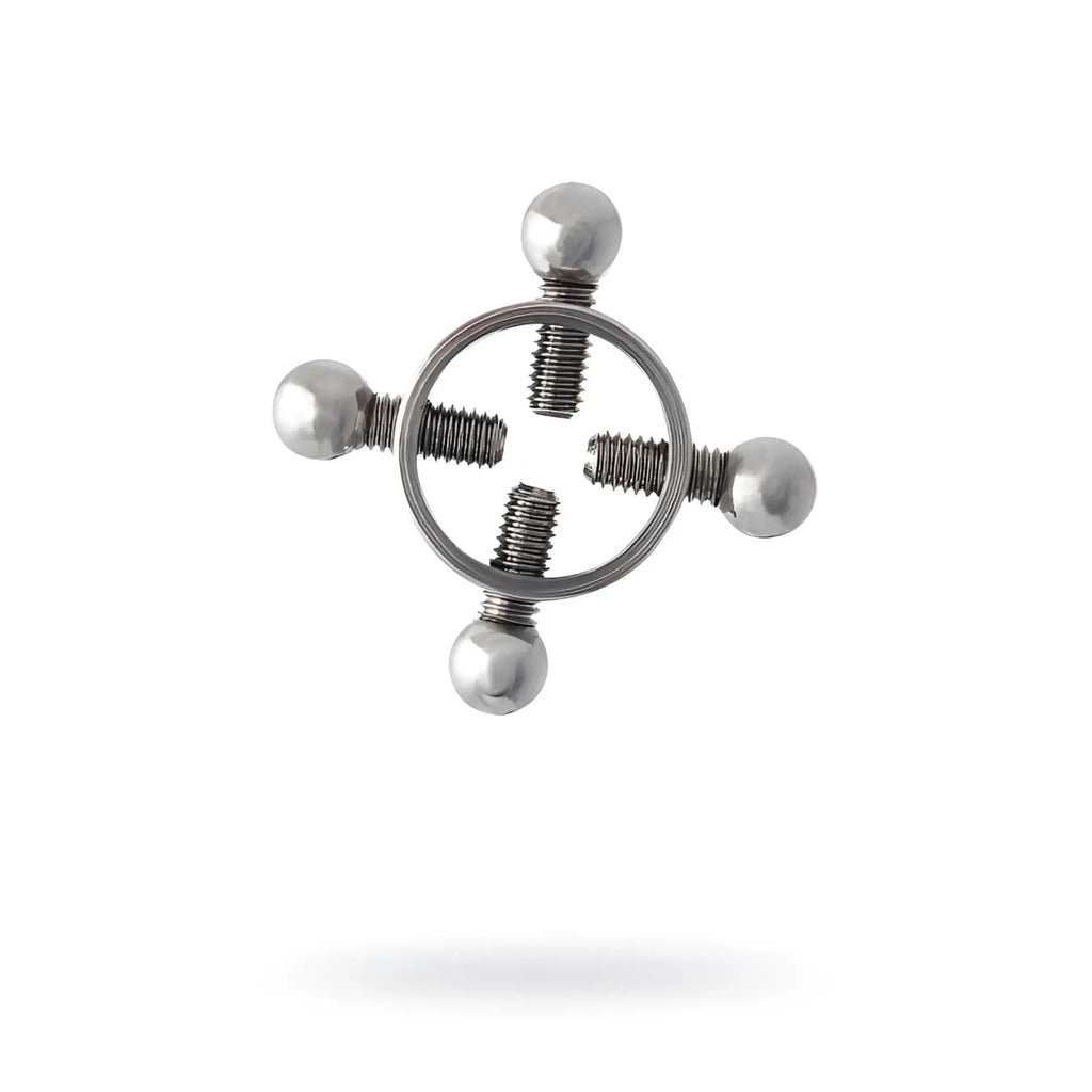 Silver metal 2 pc nipple clamps featuring silver-toned metal with four threaded rods and spherical ends
