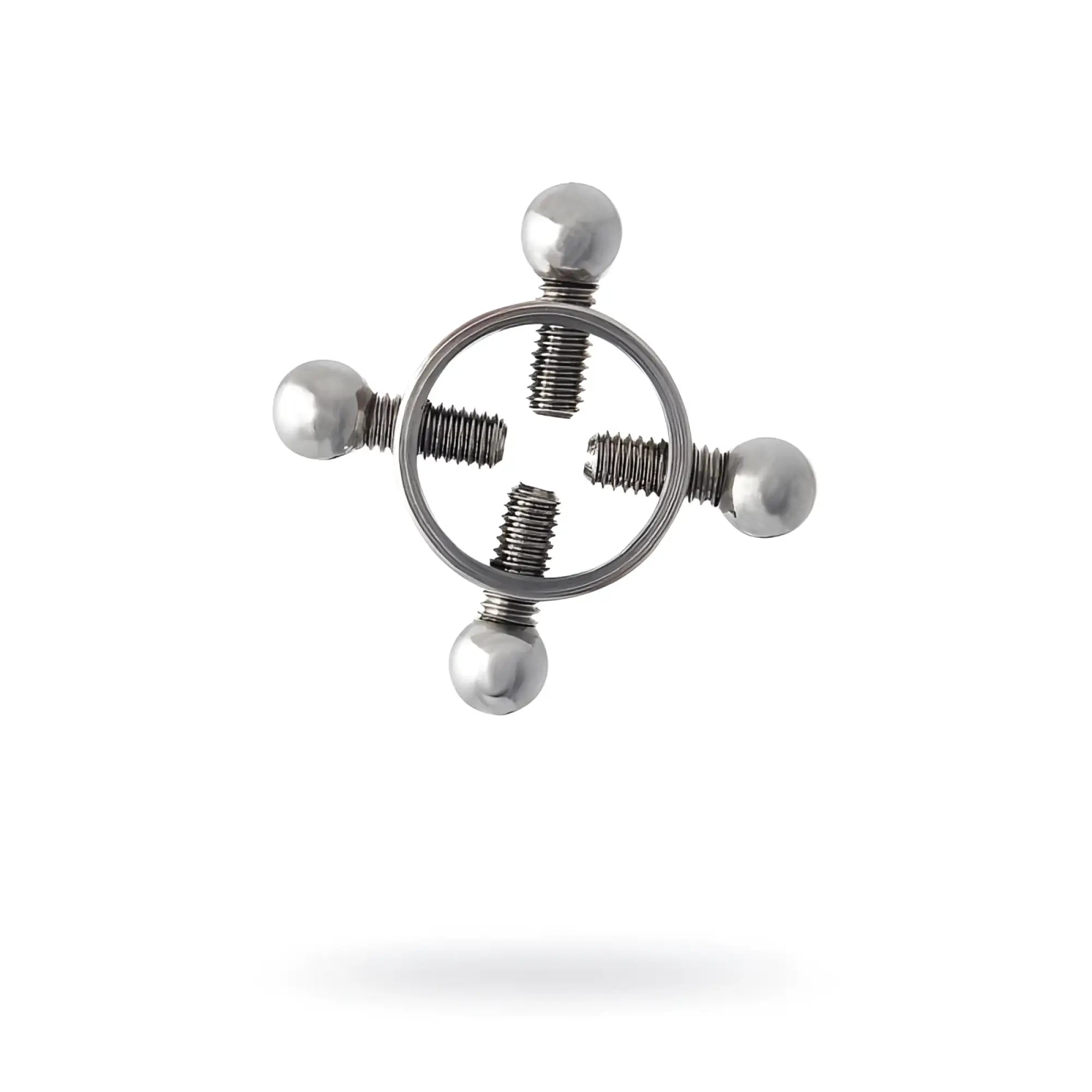 Silver metal 2 pc nipple clamps featuring silver-toned metal with four threaded rods and spherical ends