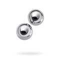 Two polished chrome silver metal vaginal balls with smooth reflective surface and 25mm spherical shape