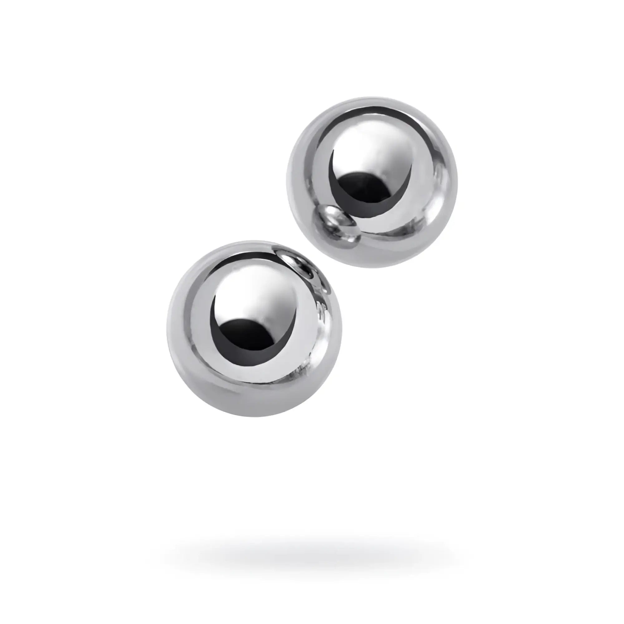 Two polished chrome silver metal vaginal balls with smooth reflective surface and 25mm spherical shape