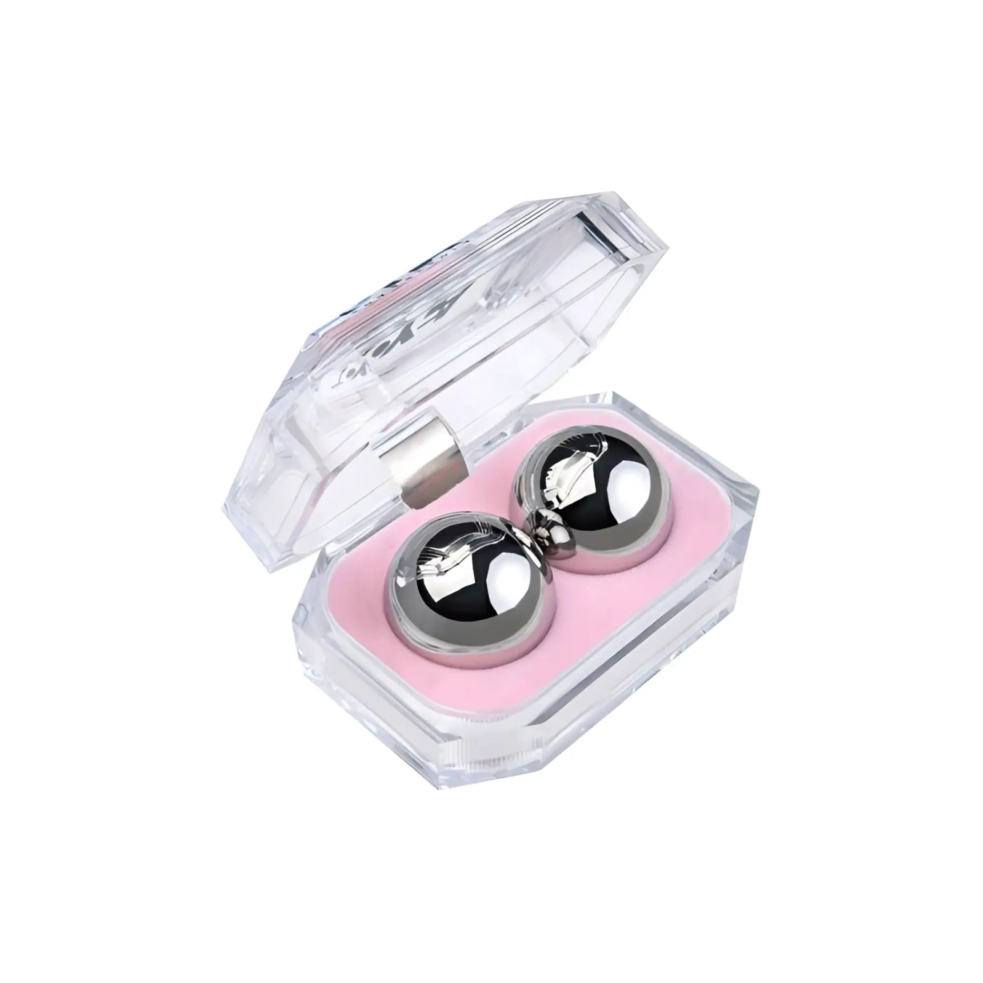Two polished silver metallic vaginal balls 3cm in a clear acrylic case with pink foam lining