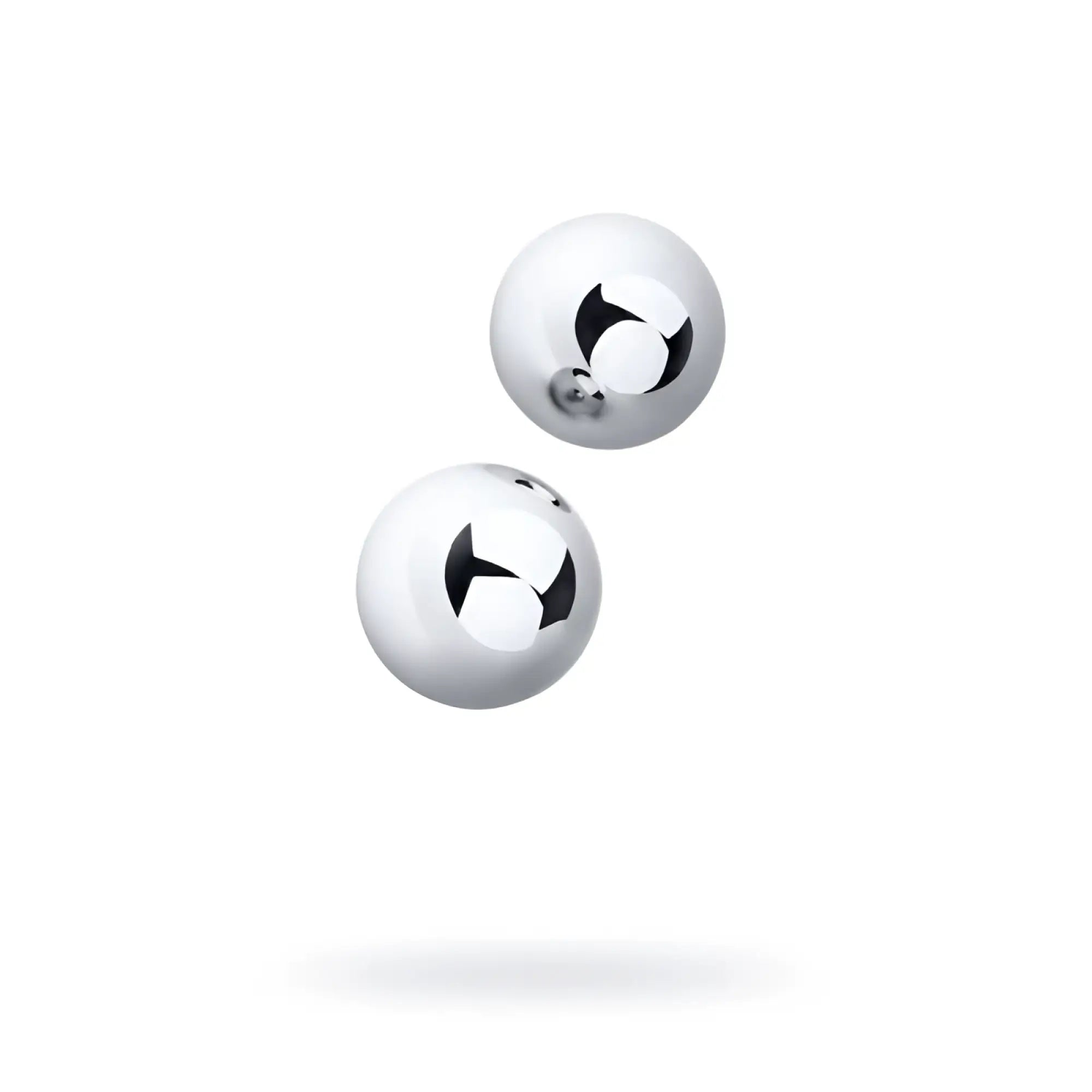 White spherical metal silver vaginal balls with glossy finish and black logo accents measuring 3cm