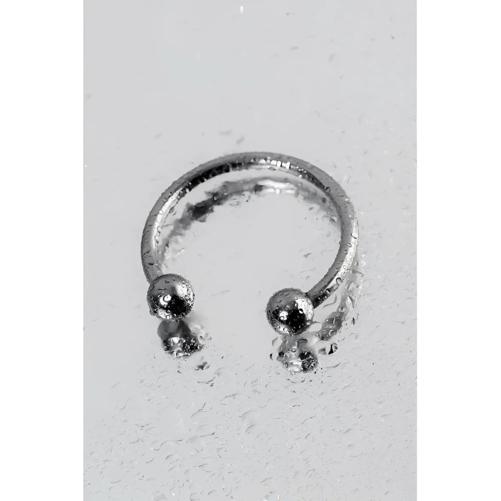 Silver-toned metal 30mm penis erection ring with simple open circle design and two small spherical beads